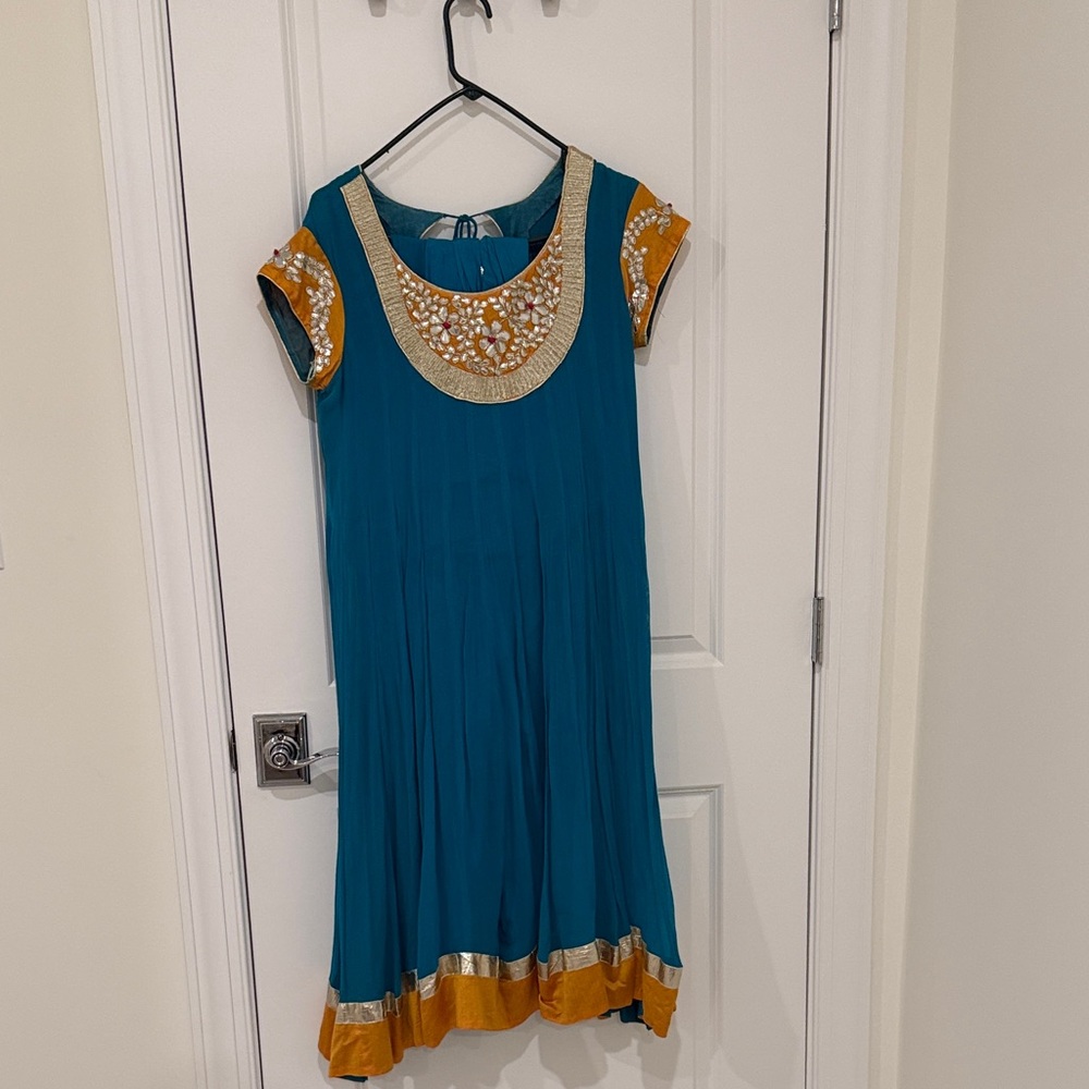 Teal Anarkali with Gold and Silver Embellishments